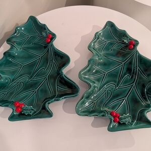 2 Vintage Lefton Green Holiday. Christmas Tree-Shaped Ceramic Cookie Plates Tray